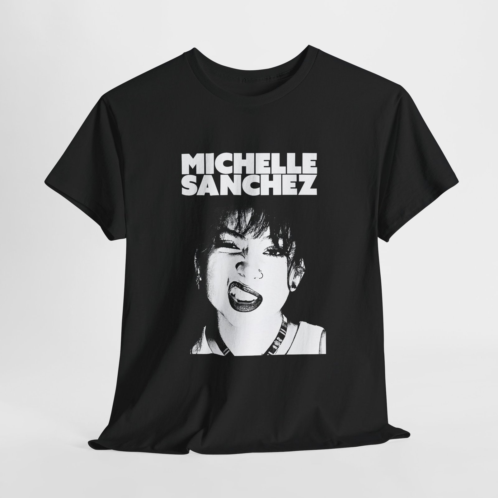Michelle Sanchez Graphic Tee – Retro Black & White Portrait Shirt - Image 2