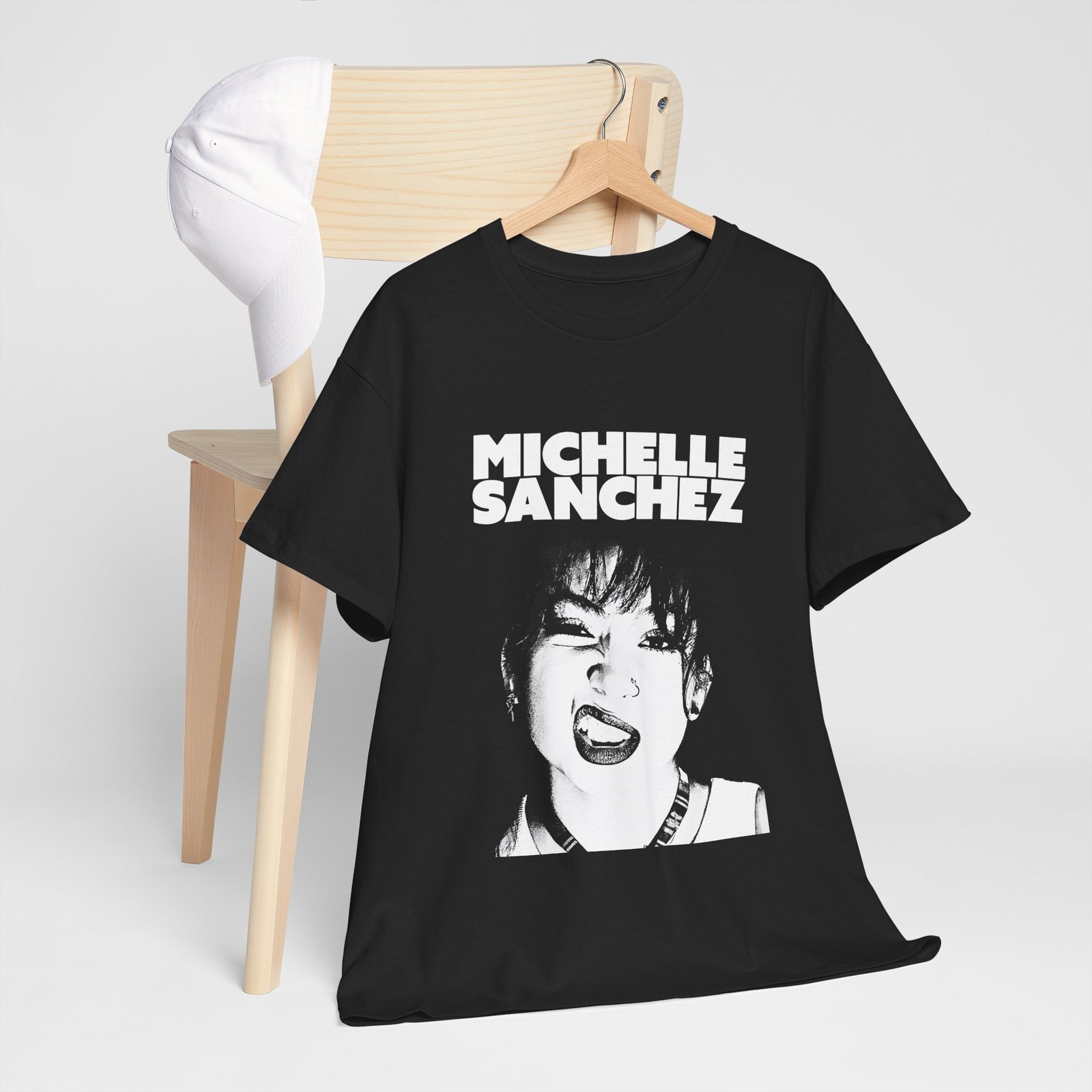 Michelle Sanchez Graphic Tee – Retro Black & White Portrait Shirt - Image 3