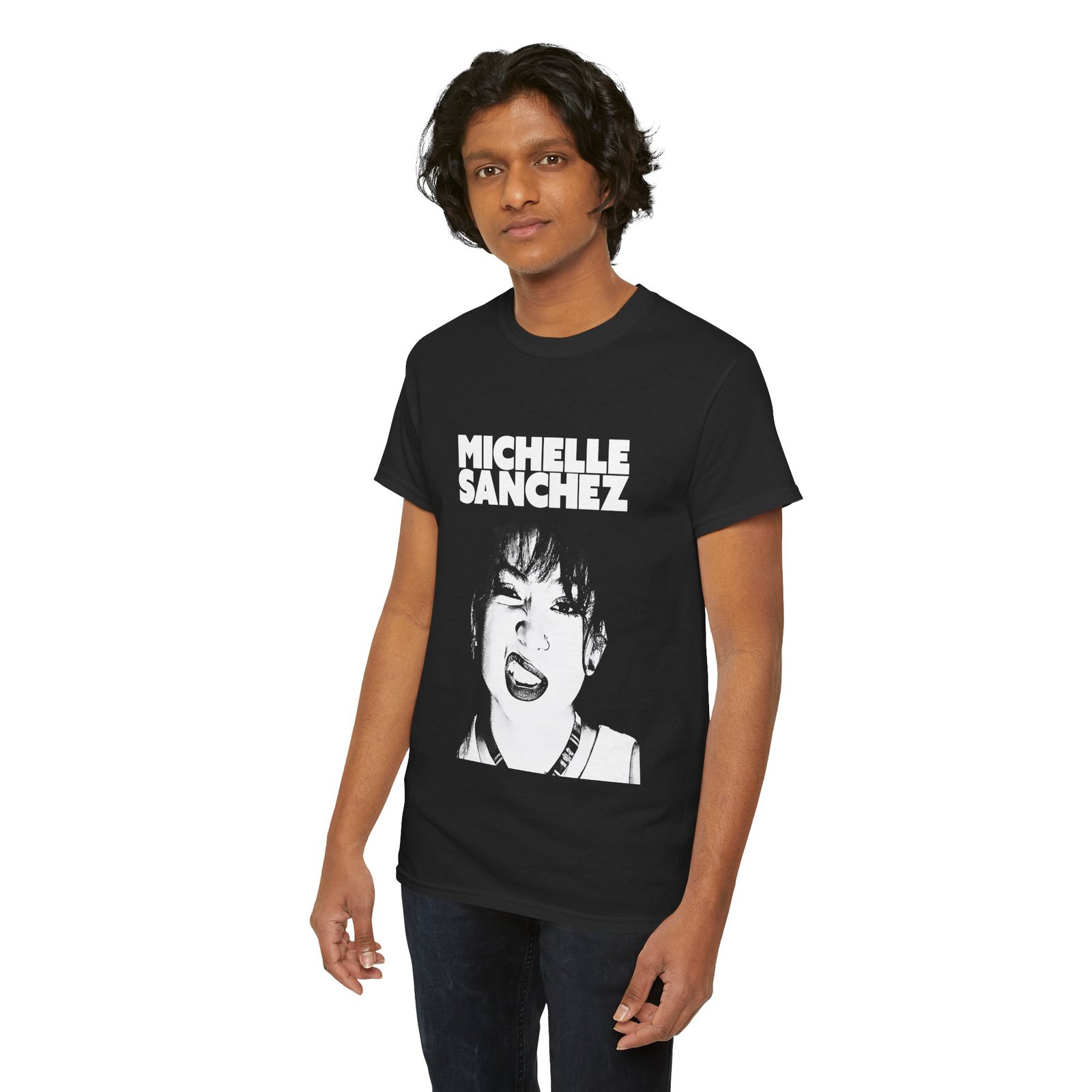 Michelle Sanchez Graphic Tee – Retro Black & White Portrait Shirt - Image 4